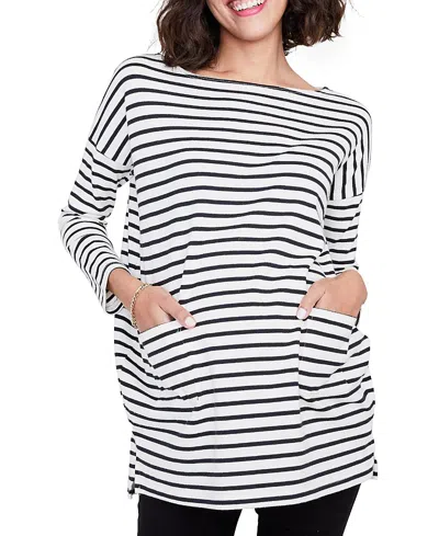 Hatch Collection Long Sleeve Maternity Bateau Top In Black / Ivory Stripe