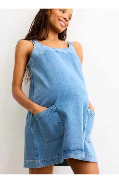 Hatch Collection The Kiley Denim Mini Maternity Dress In Blue