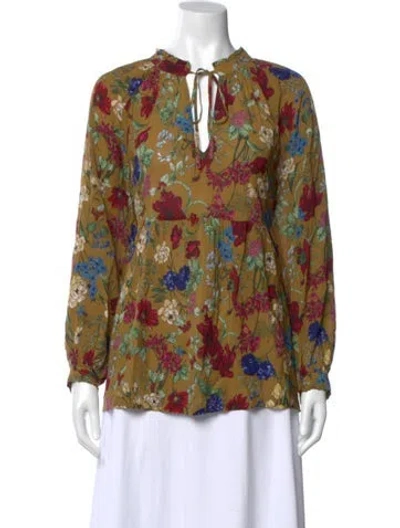 Pre-owned Hatch Floral Print Tie Neck Blouse In Brown