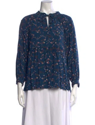 Pre-owned Hatch Floral Print Tie Neck Top In Blue