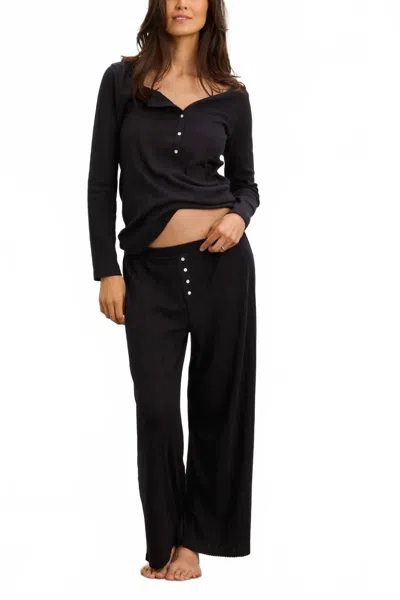 Hatch Long Sleeve Pointelle Henley Top In Black