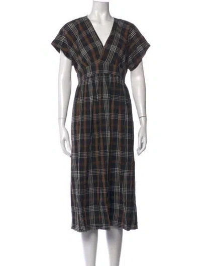 Pre-owned Hatch Plaid Print Midi Length Dress In Black