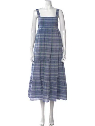 Pre-owned Hatch Plaid Print Midi Length Dress In Blue