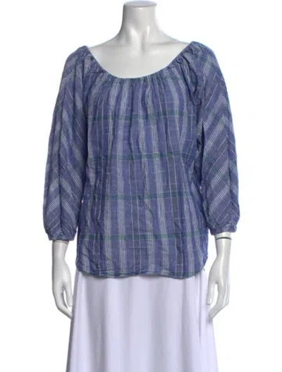 Pre-owned Hatch Plaid Print Scoop Neck Top In Blue