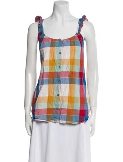 Pre-owned Hatch Plaid Print Square Neckline Top In Red