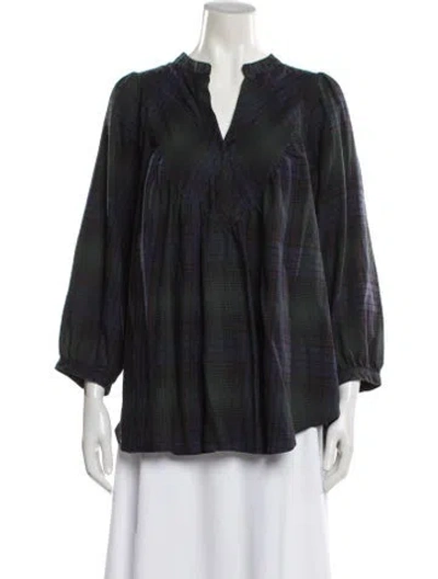 Pre-owned Hatch Plaid Print V-neck Top In Blue