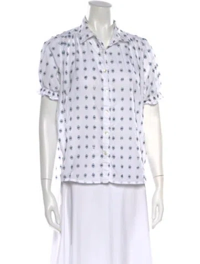 Pre-owned Hatch Printed Short Sleeve Button-up Top In White