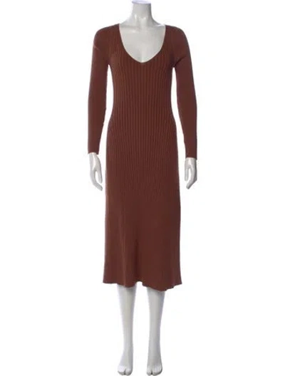 Pre-owned Hatch V-neck Midi Length Dress In Brown