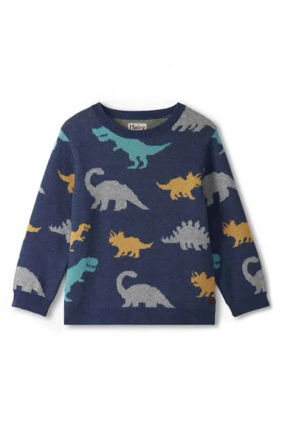 Hatley Babies'  Dino Party Intarsia Cotton Crewneck Sweater In Blue