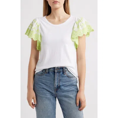 Hatley Eyelet Flutter Sleeve Cotton & Linen T-shirt In White