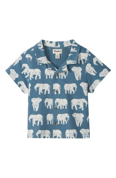 Hatley Babies'  Kids' Elephant Print Knit Cotton Camp Shirt In Blue