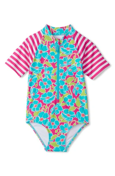 Hatley Kids' Floating Poppies Short Sleeve One-piece Rashguard Swimsuit In Blue/ Pink Multi