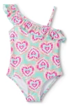 Hatley Kids' Glow Hearts Ruffle One-piece Swimsuit In Multi