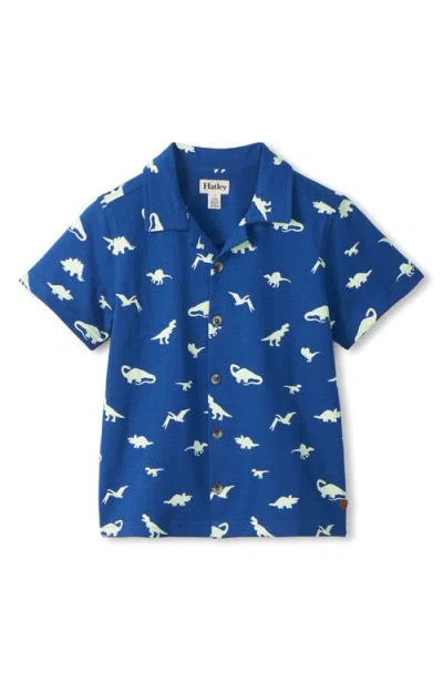 Hatley Kids' Glow In The Dark Dinos Button Front Shirt In Blue