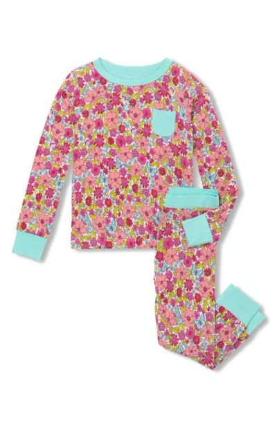 Hatley Kids' Groovy Flowers Fitted Two-piece Pajamas In Flamingo Pink