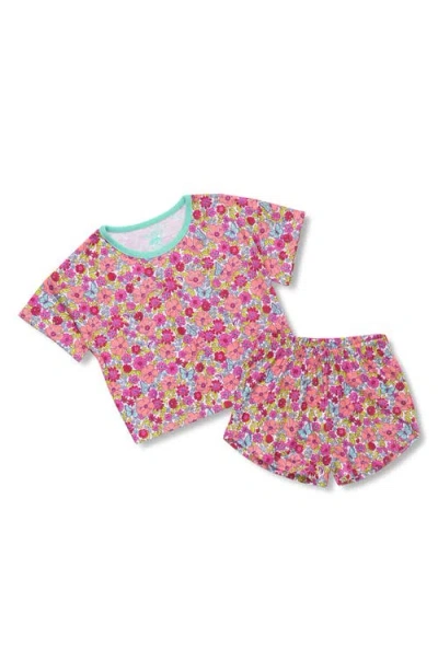 Hatley Kids' Groovy Flowers Two-piece Short Pajamas In Flamingo Pink