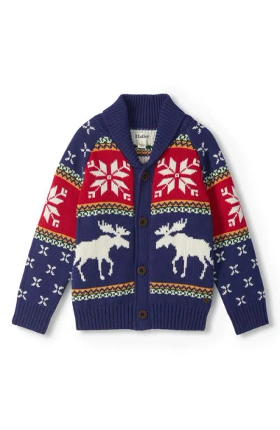Hatley Kids' Holiday Moose Shawl Collar Cardigan In Blue
