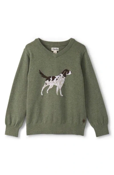 Hatley Kids' Intarsia Hunting Dog Cotton Crewneck Sweater In Green