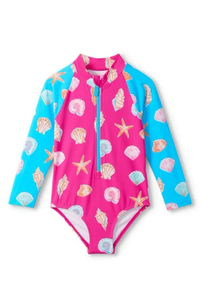 Hatley Kids' Ocean Shells Long Sleeve One-piece Rashguard Swimsuit In Multi