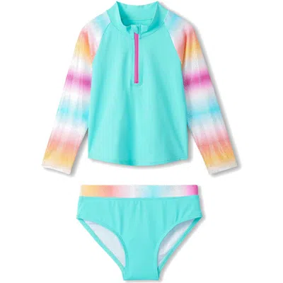 Hatley Babies'  Kids' Turquoise Shimmer Long Sleeve Rashguard Two-piece Swimsuit In Blue