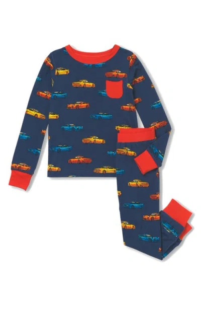 Hatley Kids' Vaporwave Cars Fitted Two-piece Pajamas In Blue