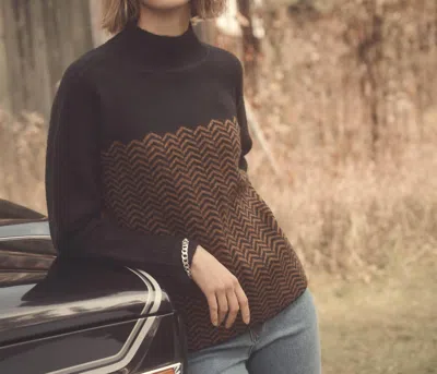 Hatley Mock Neck Sweater - Herringbone In Black/amber In Brown