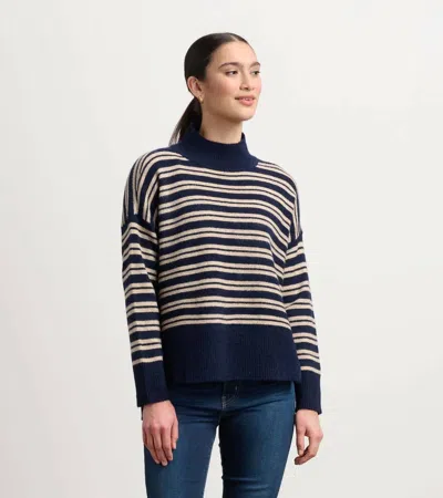 Hatley Mock Neck Sweater In Navy And Camel Stripe In Multi