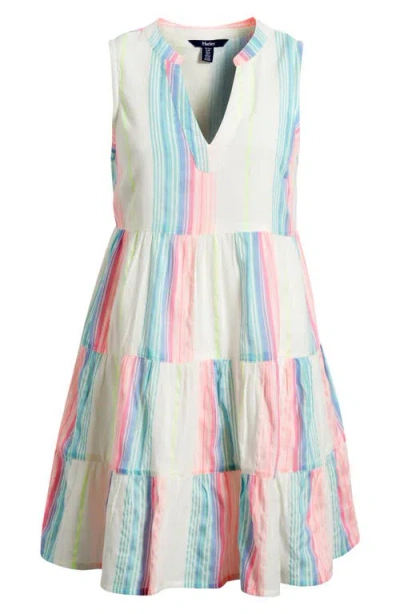 Hatley Neon Bright Stripe Tiered Cotton Blend Dress In White
