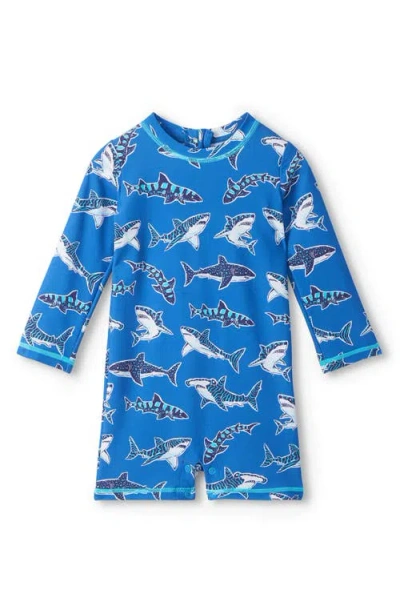 Hatley Babies'  Patterned Sharks Long Sleeve One-piece Rashguard Swimsuit In Blue