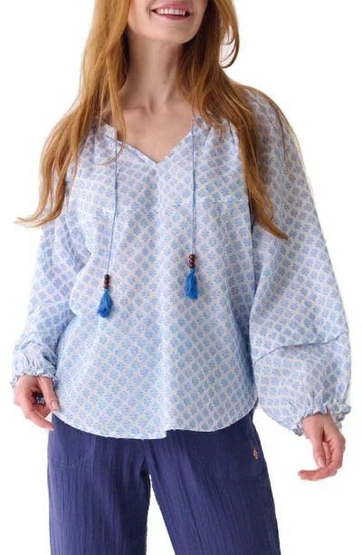 Hatley Petal Place Naomi Long Sleeve Peasant Top In Blue/ White
