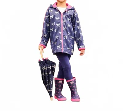 Hatley Kids' Ribbon On Zip Rain Jacket With Towel Lining In Navy In Purple