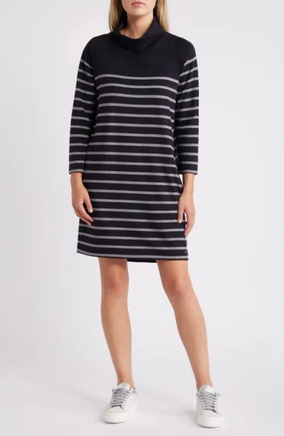 Hatley Stripe Cowl Neck Long Sleeve Cotton Blend French Terry Minidress In Caviar