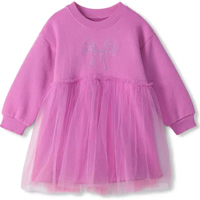 Hatley Babies'  Violet Sequin Bow Detail Long Sleeve Cotton Dress In Pink