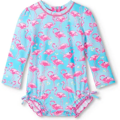 Hatley Babies'  Whimsical Flamingos Long Sleeve One-piece Rashguard Swimsuit In Blue