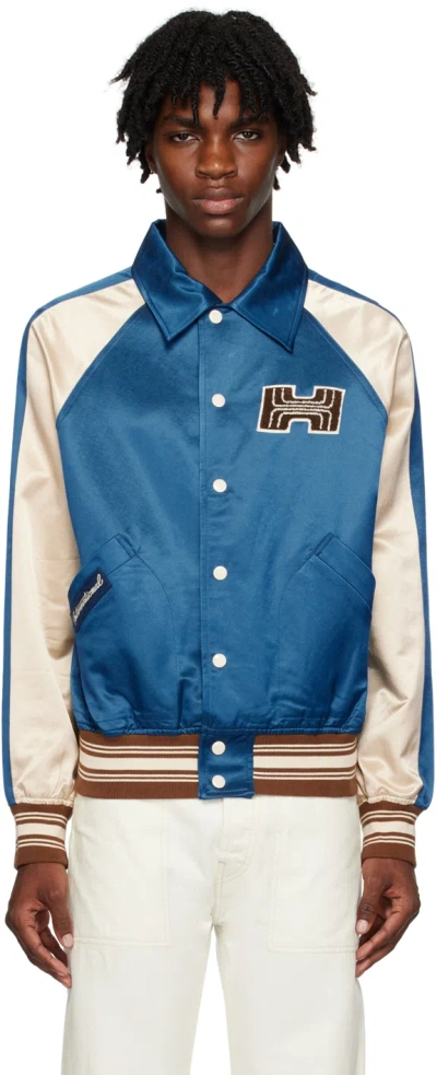 Haulier Blue & Off-white Paneled Bomber Jacket In Blue + Ecru Satin