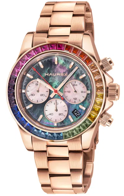 Haurex Italy:arcobaleno Ss/iprg Case, Multi Colored Bezel, Black Dial, Ss/iprg Bracelet Watch In Gold