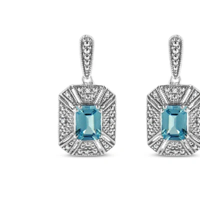 Haus Of Brilliance .925 Sterling Silver 7x5mm Emerald Shape Blue Topaz Accent Art Deco Halo Style Drop And Dangle Earri In White