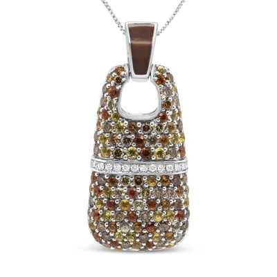 Haus Of Brilliance .925 Sterling Silver Brown Enamel 1 Cttw White And Brown Diamonds And 1.5mm Yellow And Orange Sapphi