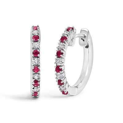 Haus Of Brilliance 10k Gold Alternating Diamond And Red Ruby Huggy Hoop Earrings In White
