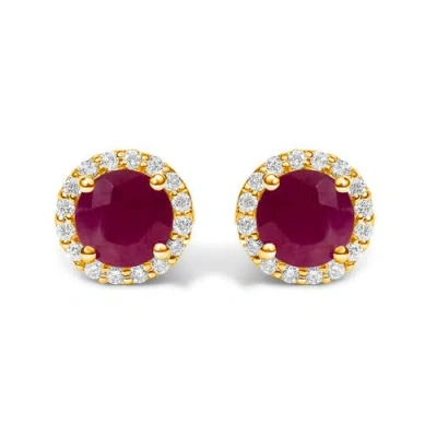 Haus Of Brilliance 10k Yellow Gold Red Ruby And 1/6 Cttw Diamond Halo Stud Earring In Multi