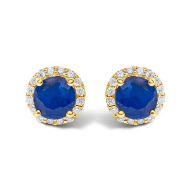 Haus Of Brilliance 10k Yellow Gold Blue Sapphire And 1/6 Cttw Diamond Halo Stud Earring