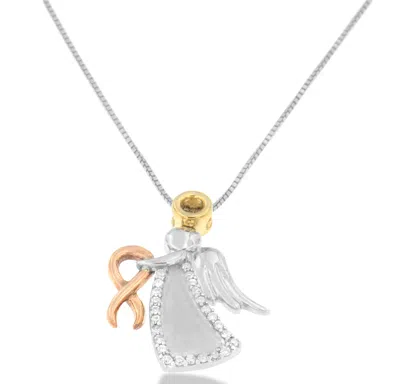 Haus Of Brilliance 10k Tri-color Gold Diamond-accented Angel Awareness Ribbon Pendant Necklace In Multi