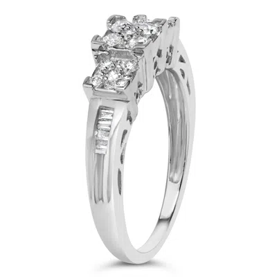 Haus Of Brilliance 10k White Gold 1/2 Cttw Brilliant & Baguette Cut Diamond 3 Stone Design With 3 Square Clusters Engag