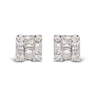 Haus Of Brilliance 10k White Gold 1/7 Cttw Round And Baguette Diamond Mosaic Square Stud Earrings