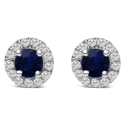 Haus Of Brilliance 10k White Gold 3.25mm X 3.25mm Round Blue Sapphire And 1/10 Cttw Diamond Halo Stud Earrings