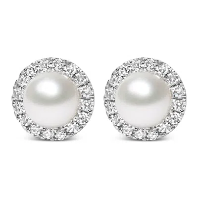 Haus Of Brilliance 10k White Gold 4.5mm Cultured Freshwater Pearl And 1/7 Cttw Diamond Halo Stud Earring
