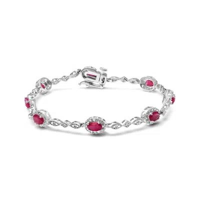 Haus Of Brilliance 10k White Gold 4.5mm X 3mm Oval Ruby And Diamond Link Bracelet In Metallic