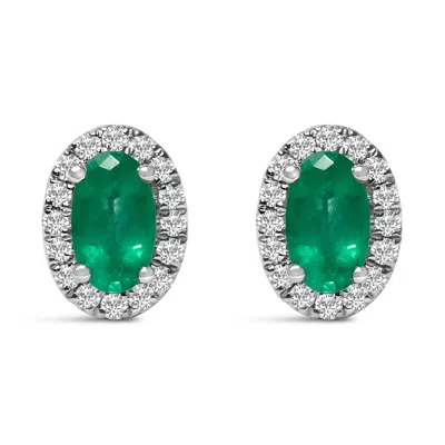 Haus Of Brilliance 10k White Gold 5x3 Mm Oval Cut Birthstone And Diamond Halo Stud Earrings In Green