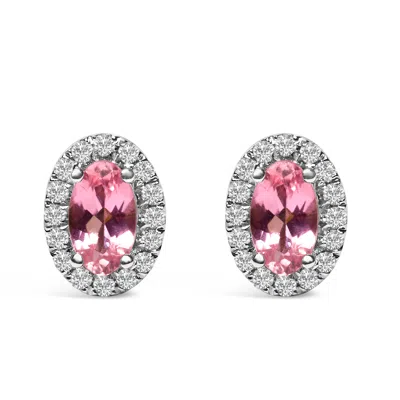 Haus Of Brilliance 10k White Gold 5x3 Mm Oval Cut Birthstone And Diamond Halo Stud Earrings In Pink