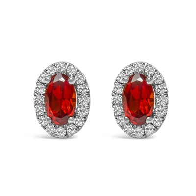 Haus Of Brilliance 10k White Gold 5x3 Mm Oval Cut Birthstone And Diamond Halo Stud Earrings In Red